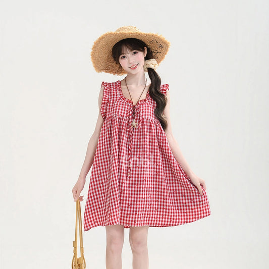 Kawaii Gingham Ruffle Sleeveless Babydoll Dress