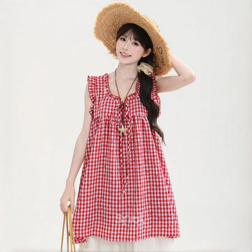 Kawaii Gingham Ruffle Sleeveless Babydoll Dress