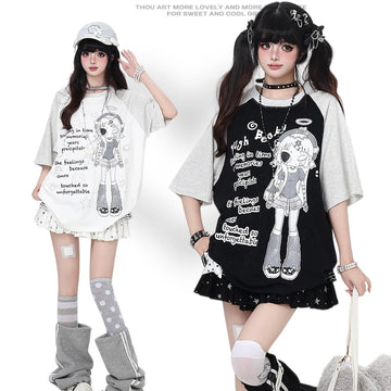 Kawaii Girl Graphic Raglan Oversized T-Shirt