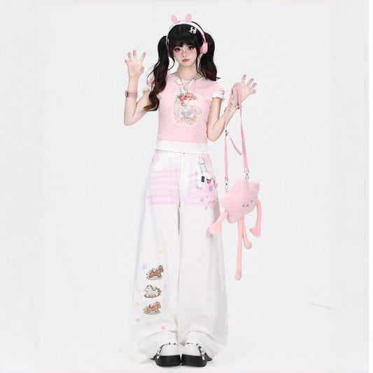Kawaii Gradient Embroidered High-Waist Straight-Leg Jeans