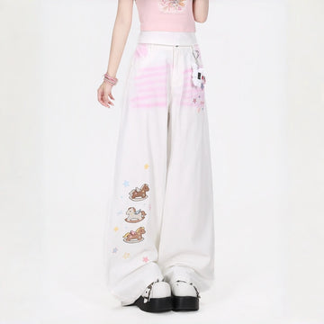 Kawaii Gradient Embroidered High-Waist Straight-Leg Jeans
