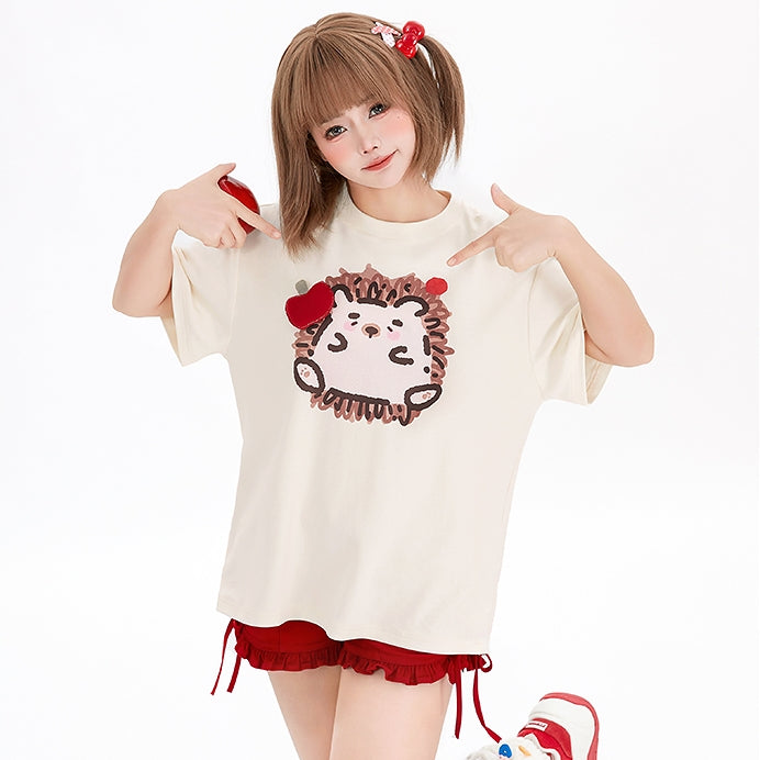 Kawaii Graffiti Little Hedgehog Print Loose T-shirt