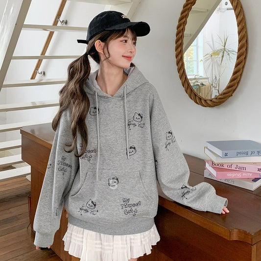 Kawaii Gray Cartoon Cat Print Hooded Sweatshirt