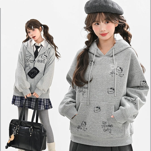 Kawaii Gray Cartoon Cat Print Hooded Sweatshirt