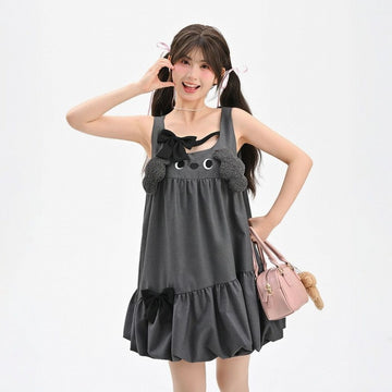 Kawaii Gray Cartoon Puppy Embroidered Sleeveless Dress