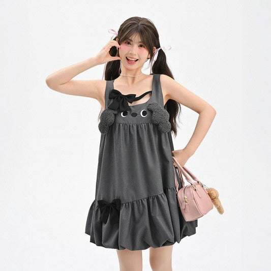 Kawaii Gray Cartoon Puppy Embroidered Sleeveless Dress