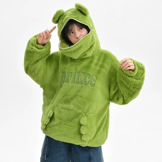 Kawaii Green Frog Plus Fleece Hooded Sweatshirt