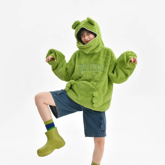 Kawaii Green Frog Plus Fleece Hooded Sweatshirt