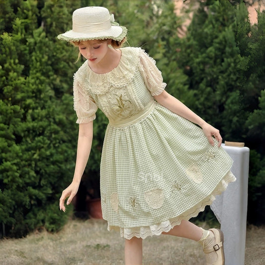 Kawaii Green Plaid Lace A-Line Dress