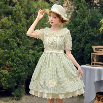 Kawaii Green Plaid Lace A-Line Dress