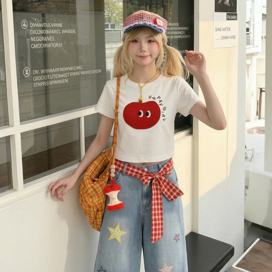 Kawaii Happy Apple Cropped T-Shirt