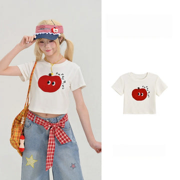 Kawaii Happy Apple Cropped T-Shirt