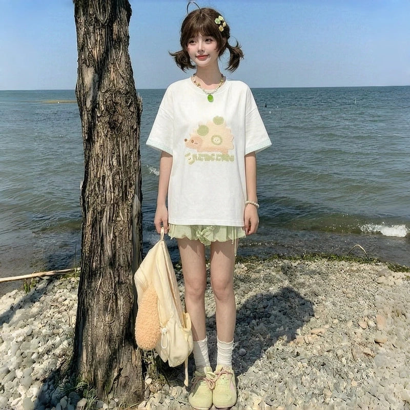 Kawaii Hedgehog Embroidered Oversized T-Shirt