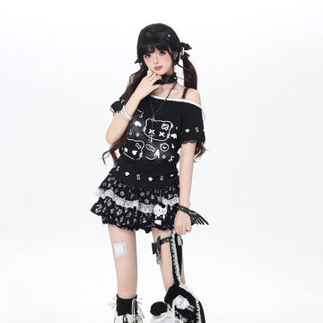 Kawaii Hello Kitty Lace Patchwork Off-Shoulder T-Shirt