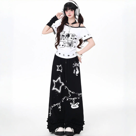 Kawaii Hello Kitty Lace Patchwork Off-Shoulder T-Shirt