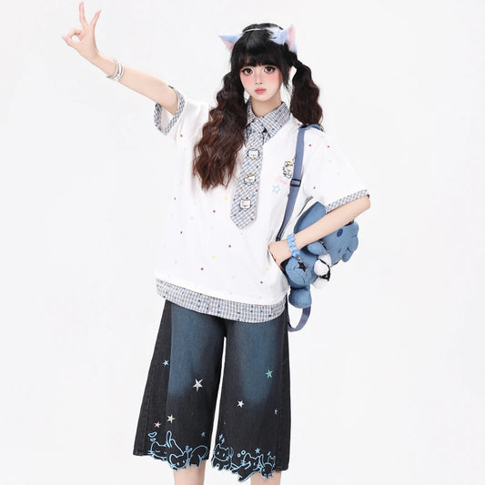 Kawaii Hello Kitty Plaid Collar Faux Two-Piece T-Shirt