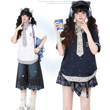 Kawaii Hello Kitty Plaid Collar Faux Two-Piece T-Shirt