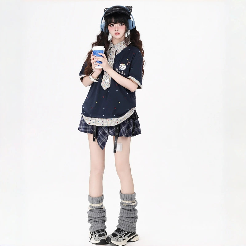 Kawaii Hello Kitty Plaid Collar Faux Two-Piece T-Shirt