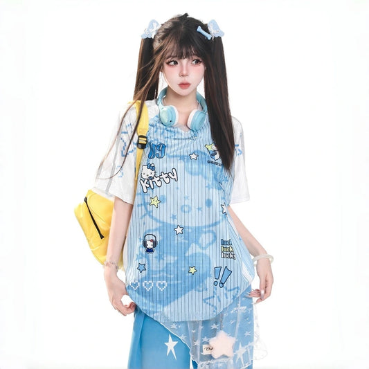 Kawaii Hello Kitty Striped Oversized T-Shirt