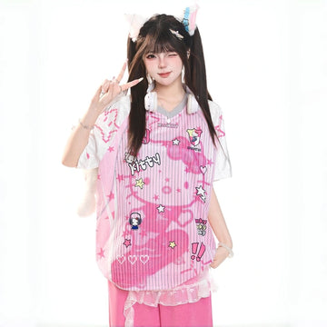 Kawaii Hello Kitty Striped Oversized T-Shirt