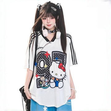 Kawaii Hello Kitty V-Neck Oversized T-Shirt