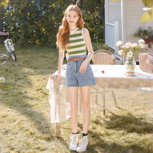 Kawaii High-Waist A-Line Denim Shorts with Belt