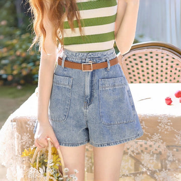 Kawaii High-Waist A-Line Denim Shorts with Belt