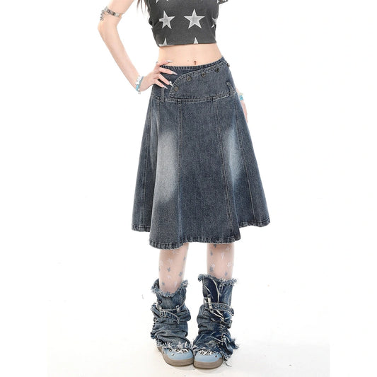 Kawaii High Waist Denim A-Line Midi Skirt