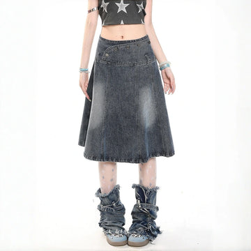 Kawaii High Waist Denim A-Line Midi Skirt