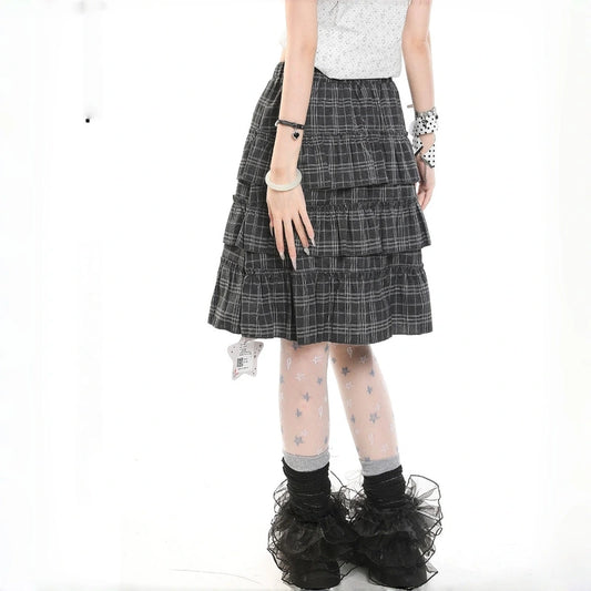 Kawaii High Waist Plaid Tiered Cake Skirt