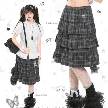Kawaii High Waist Plaid Tiered Cake Skirt