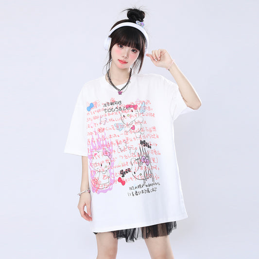 Kawaii Japanese Hello Kitty Graffiti Print T-shirt