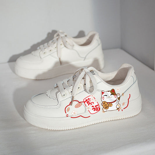 Kawaii Japanese Style Hand-Painted Lucky Cat Print Sneakers