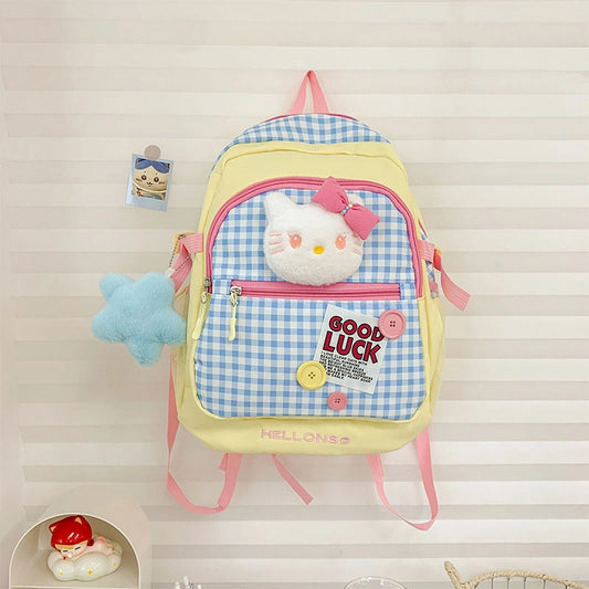 Kawaii Japanese Style Pink Kitty Plaid Backpack