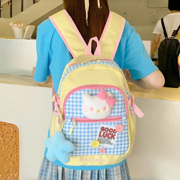 Kawaii Japanese Style Pink Kitty Plaid Backpack