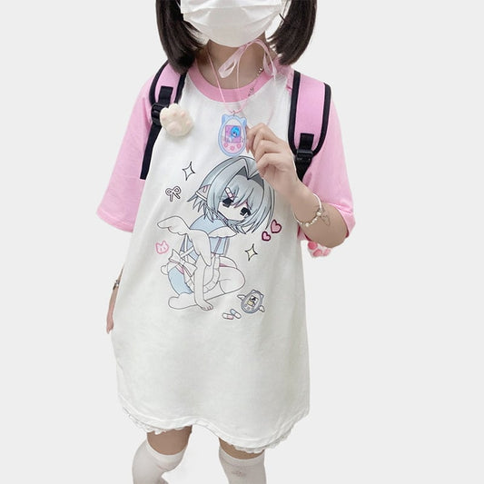 Kawaii Jirai Kei Style Pink Cartoon Print T-shirt