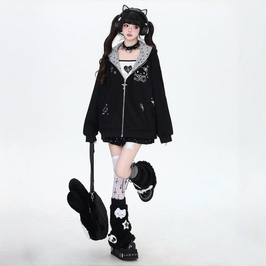 Kawaii Kitty Embroidered Cat Ear Hooded Coat