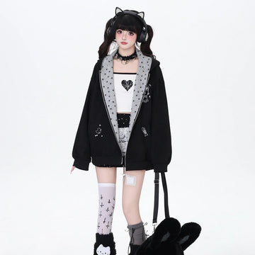 Kawaii Kitty Embroidered Cat Ear Hooded Coat