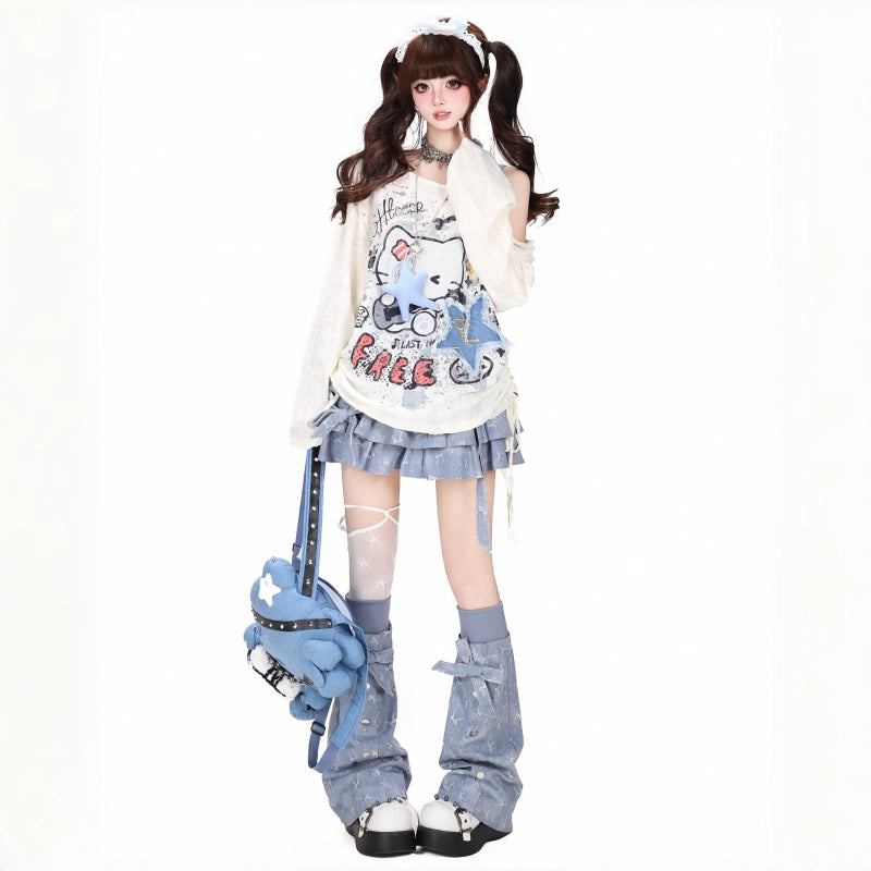 Kawaii Kitty Graffiti Off-Shoulder Drawstring Long Sleeve Top