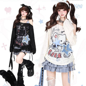 Kawaii Kitty Graffiti Off-Shoulder Drawstring Long Sleeve Top