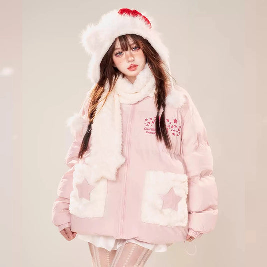 Kawaii Korean Style Pink Cotton Coat With Scarf