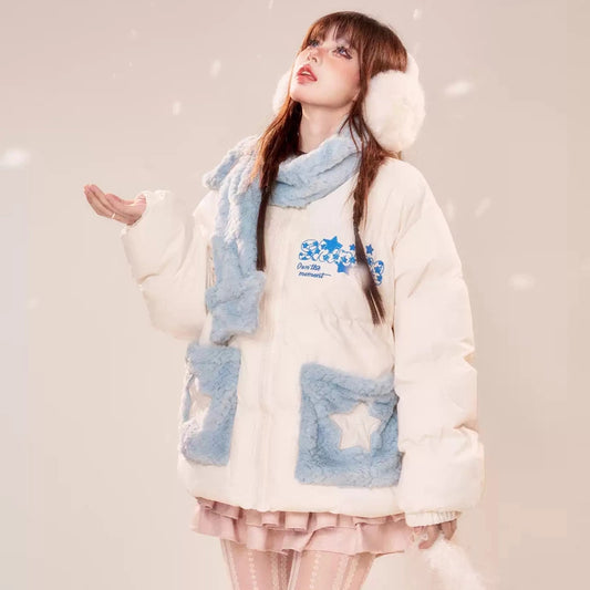 Kawaii Korean Style Pink Cotton Coat With Scarf