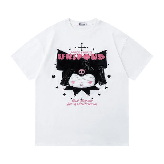 Kawaii Kurome Embroidered Round Neck T-shirt