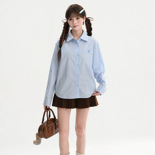 Kawaii Lace Collar Blouse Sweet Academy Style Long Sleeve Shirt