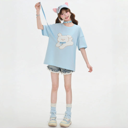 Kawaii Lace Trim High-Waist Denim Shorts
