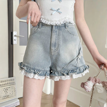 Kawaii Lace Trim High-Waist Denim Shorts