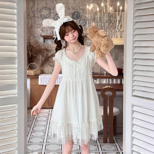 Kawaii Lace Trim White A-Line Dress