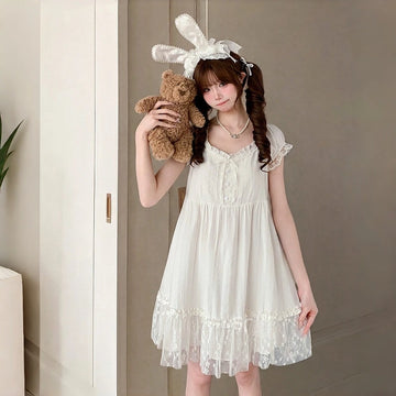 Kawaii Lace Trim White A-Line Dress