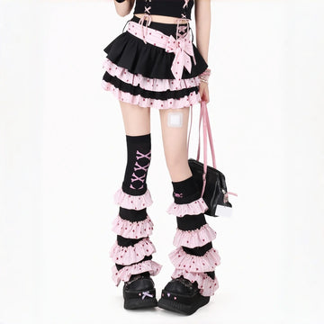 Kawaii Lace-Up Bow Tiered Mini Skirt