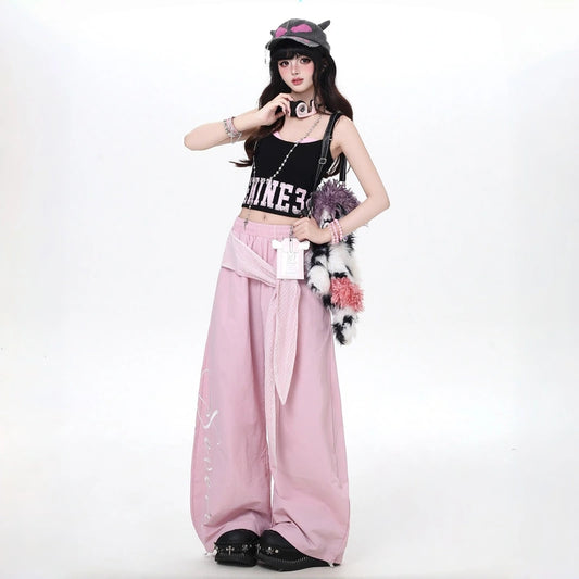 Kawaii Lace-Up Embroidered Barrel Pants